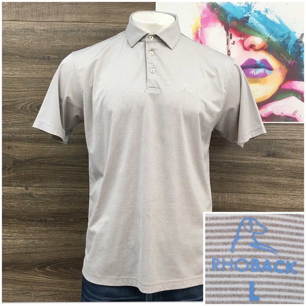 Rhoback Mens Large Performance Polo Shirt Tan White Short Sleeve Golf (FLAWS)